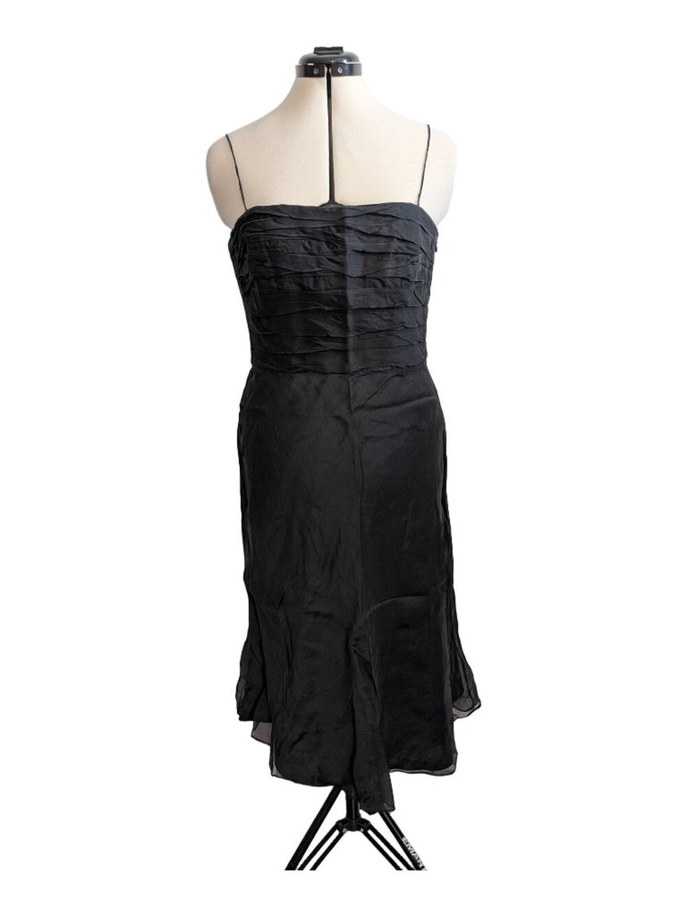 Ann Taylor Black Strapless Pleated Midi Dress Organza Flounce Hem Women's 6